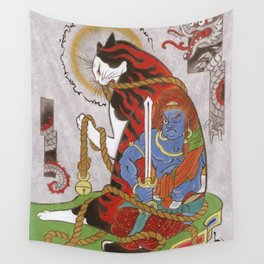 Antique Japanese Woodblock Monmon Tattooed Cat Wall Tapestry