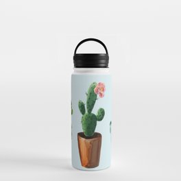 Three Cacti With Flowers On Light Blue Background Water Bottle