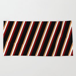 [ Thumbnail: Eyecatching Tan, Chocolate, Mint Cream, Maroon & Black Colored Pattern of Stripes Beach Towel ]