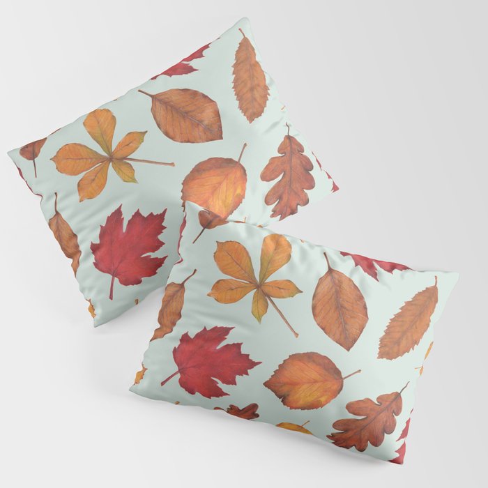 Autumn Leaves Illustration Pattern | Pale Green Leaves Pattern | Oak Linden Maple pattern Pillow Sham