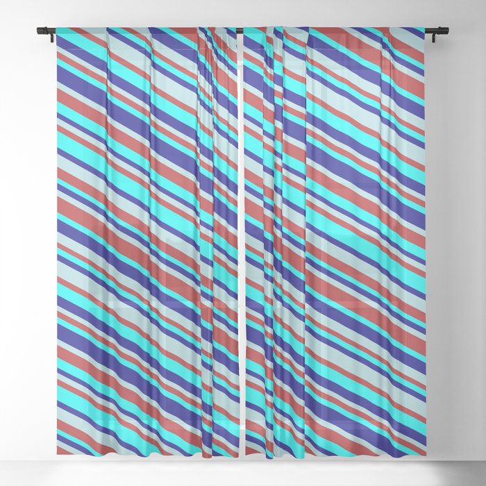 Powder Blue, Red, Aqua, and Blue Colored Lined Pattern Sheer Curtain