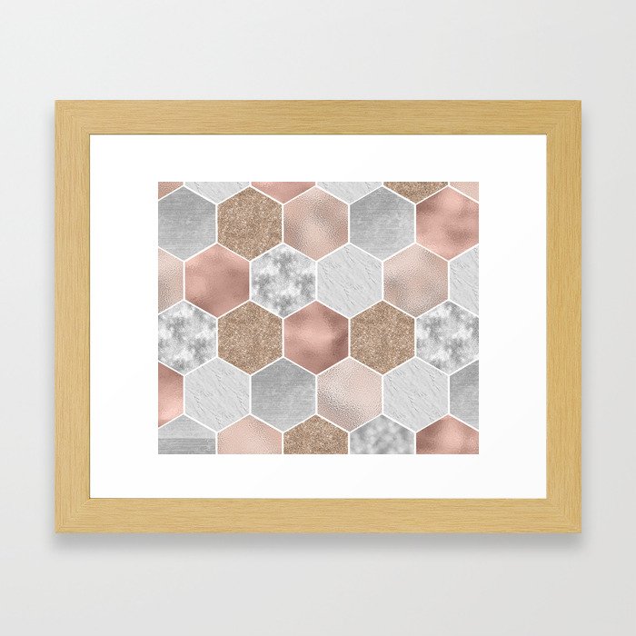 Gentle rose gold and marble hexagons Framed Art Print