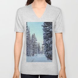 Path Through Snow Covered Trees V Neck T Shirt
