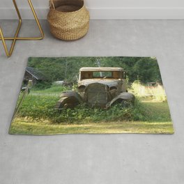 Rusty Classic Car In A Field Nature Photography Rug
