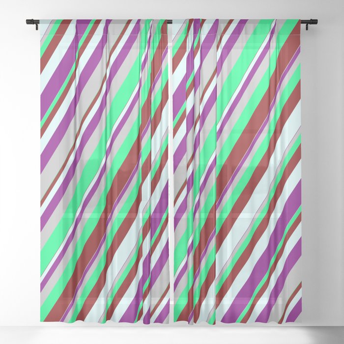 Vibrant Green, Maroon, Light Cyan, Purple, and Grey Colored Lines Pattern Sheer Curtain