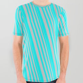 [ Thumbnail: Light Grey & Aqua Colored Stripes Pattern All Over Graphic Tee ]