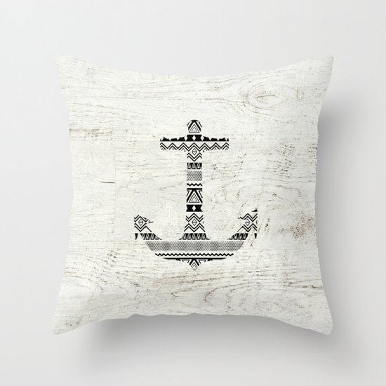 Aztec Nautical Anchor Black White Vintage Wood Throw Pillow