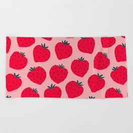 Modern strawberry seamless pattern. Big red round strawberries on pink. Big vibrant berries. Berry pattern design Beach Towel