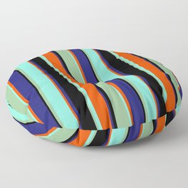 [ Thumbnail: Vibrant Black, Dark Sea Green, Aquamarine, Red, and Midnight Blue Colored Pattern of Stripes Floor Pillow ]