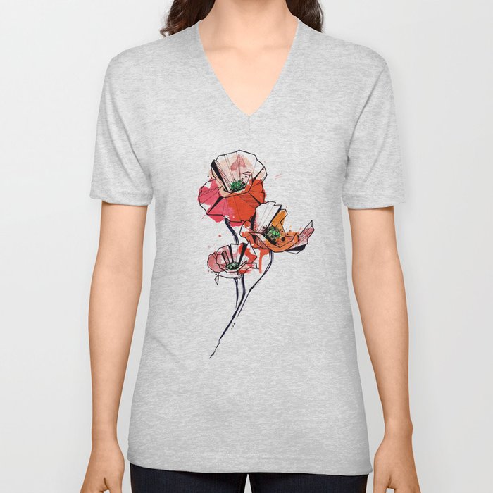 Geometric Watercolor Poppies V Neck T Shirt