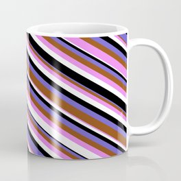 [ Thumbnail: Eye-catching Slate Blue, Brown, Violet, White & Black Colored Pattern of Stripes Coffee Mug ]