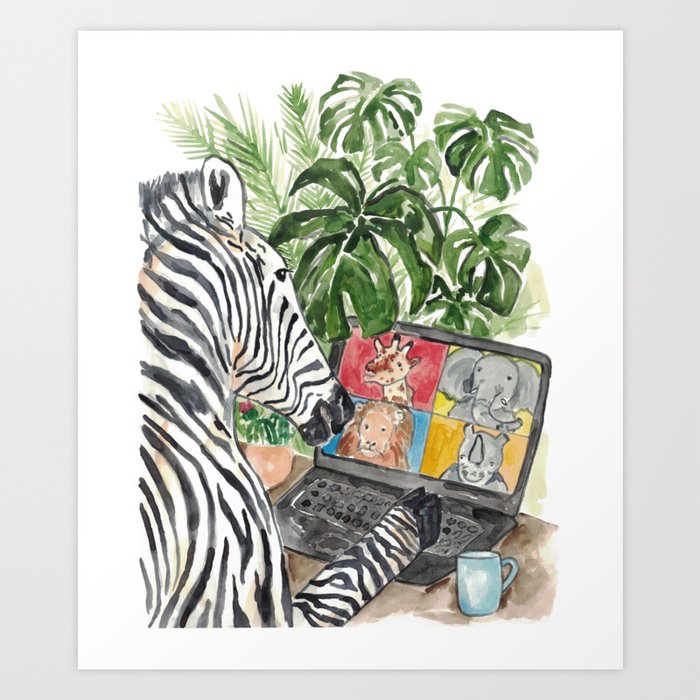 Zebra on zoom call watercolor Art Print
