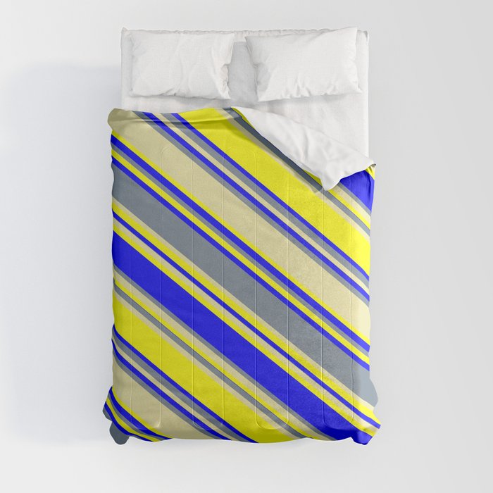 Light Slate Gray, Pale Goldenrod, Yellow, and Blue Colored Striped Pattern Comforter