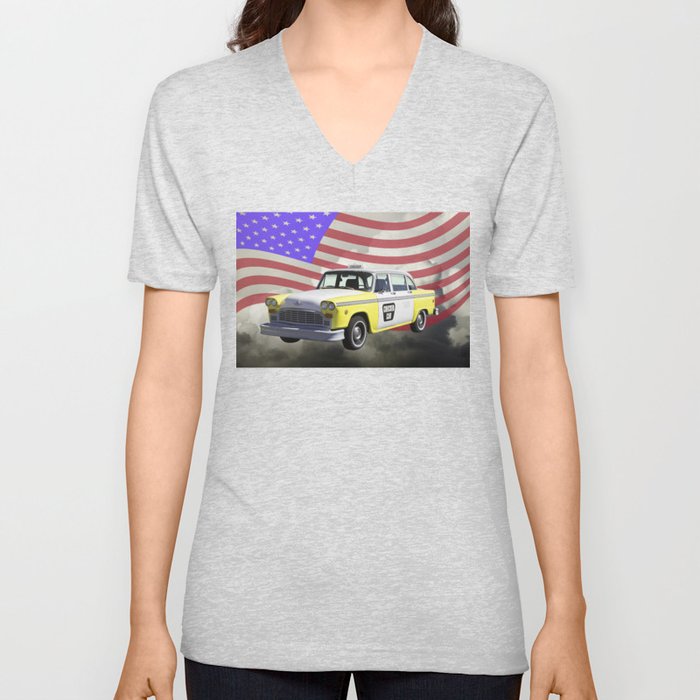 Yellow and White Checkered Taxi Cab And US Flag V Neck T Shirt