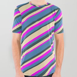 [ Thumbnail: Tan, Fuchsia, Blue, and Dark Slate Gray Colored Stripes Pattern All Over Graphic Tee ]