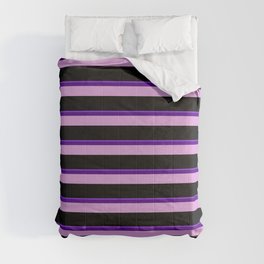 [ Thumbnail: Purple, Indigo, Plum, and Black Colored Lined Pattern Comforter ]