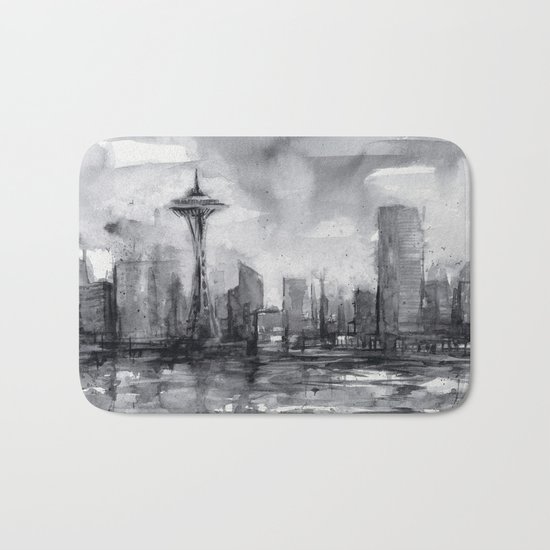 Seattle Skyline Painting Watercolor Black and White Space Needle Bath Mat