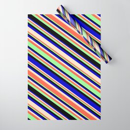 [ Thumbnail: Eye-catching Blue, Bisque, Red, Green, and Black Colored Lines/Stripes Pattern Wrapping Paper ]
