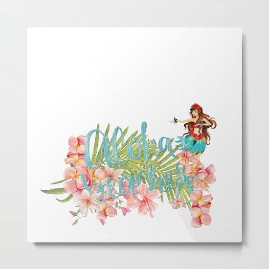 Aloha- Alohabeaches with tropical flowers Palm leaf and Hula Girl Metal Print