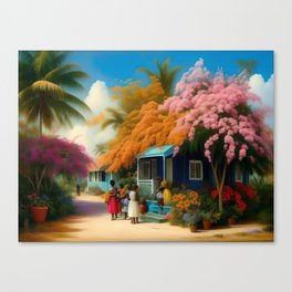 The Sunday Picnickers; tropical African American family landscape painting with flower blossoms and cottages  Canvas Print
