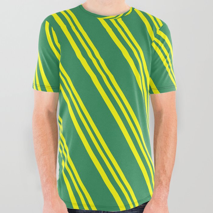 Yellow and Sea Green Colored Stripes Pattern All Over Graphic Tee