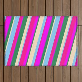 [ Thumbnail: Vibrant Light Sky Blue, Deep Pink, Fuchsia, Sea Green, and Bisque Colored Stripes/Lines Pattern Outdoor Rug ]