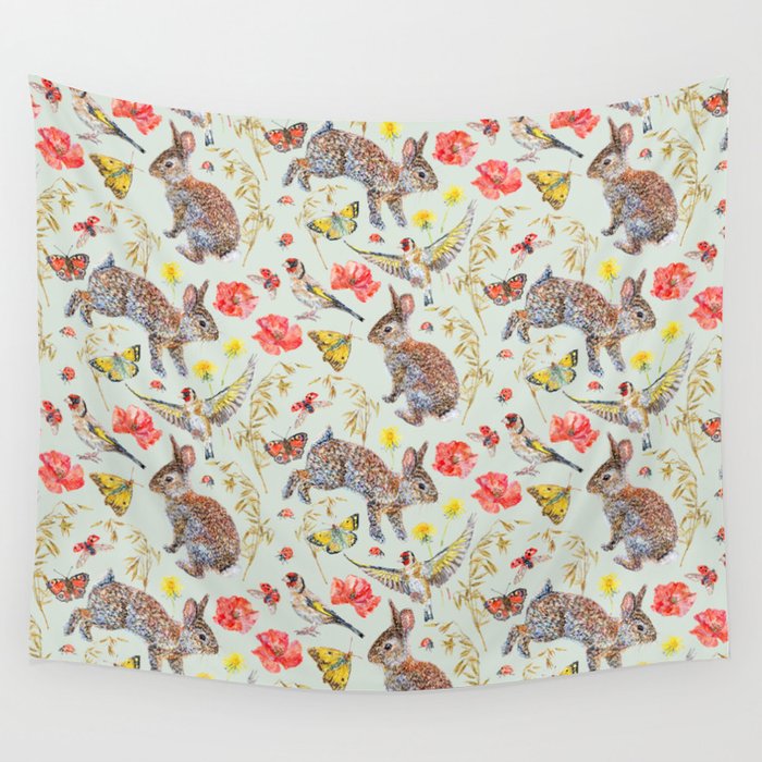 Bunny Meadow Pattern - Green Wall Tapestry