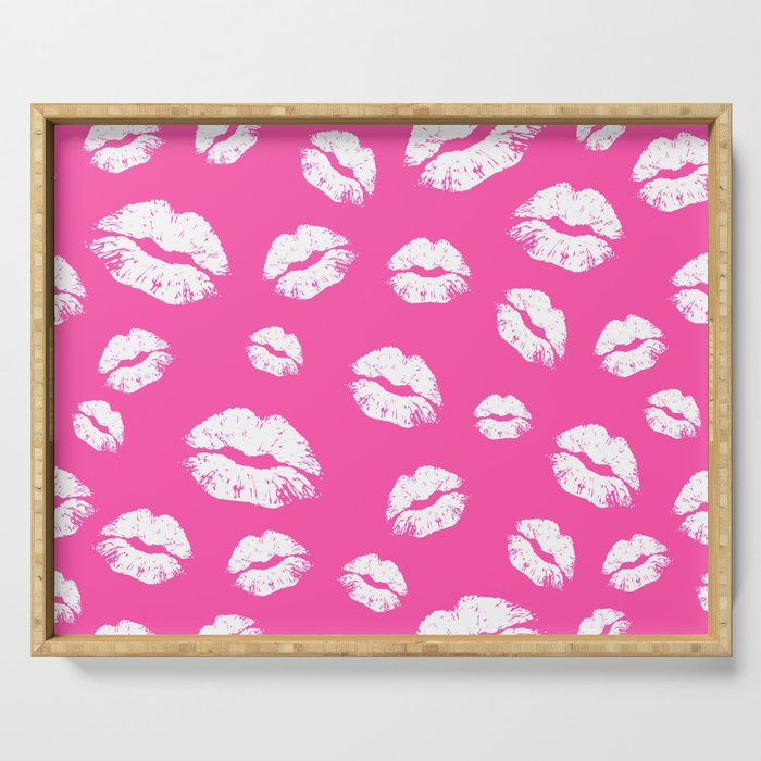 White lips on a bright pink background Serving Tray