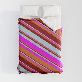 [ Thumbnail: Maroon, Powder Blue, Fuchsia, and Chocolate Colored Pattern of Stripes Duvet Cover ]