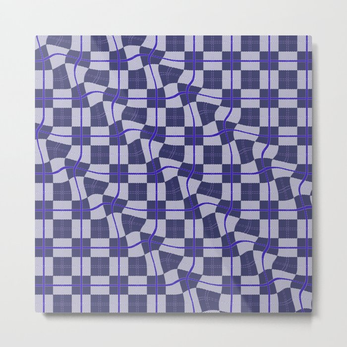 Warped Checkerboard Grid Illustration Navy Blue Lilac Purple Metal Print