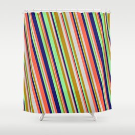 [ Thumbnail: Midnight Blue, Red, Light Grey, Dark Goldenrod & Light Green Colored Lined/Striped Pattern Shower Curtain ]