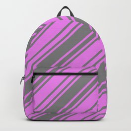 [ Thumbnail: Grey & Violet Colored Striped Pattern Backpack ]