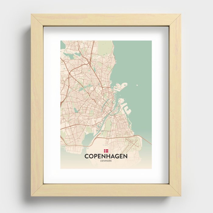 Copenhagen, Denmark - Vintage City Map Recessed Framed Print