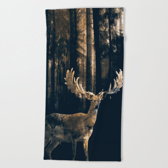 Deer in the dark forest Beach Towel
