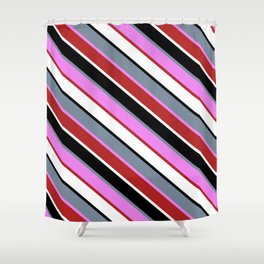 [ Thumbnail: Vibrant Light Slate Gray, Violet, Red, White & Black Colored Stripes/Lines Pattern Shower Curtain ]