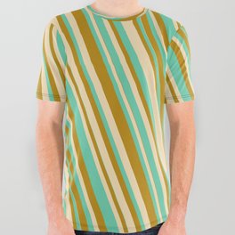 [ Thumbnail: Tan, Aquamarine & Dark Goldenrod Colored Striped/Lined Pattern All Over Graphic Tee ]