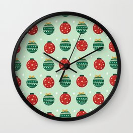 Christmas Ball Ornaments On Green Print Pattern Wall Clock
