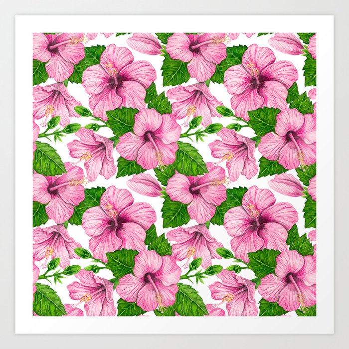 Pink hibiscus watercolor pattern  Art Print
