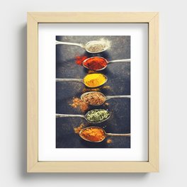 Colorful spices in metal spoons Recessed Framed Print
