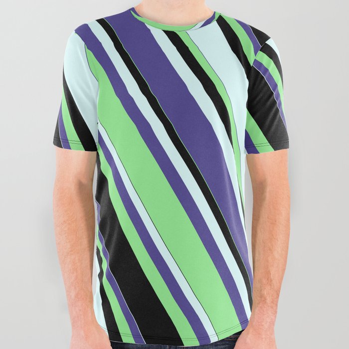 Dark Slate Blue, Light Green, Black, and Light Cyan Colored Lined Pattern All Over Graphic Tee