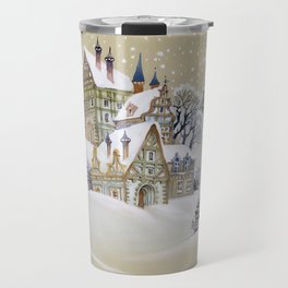 Hand drawn illustration with winter landscape and snowy houses in village Travel Mug