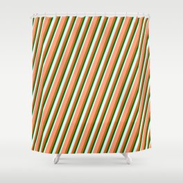 [ Thumbnail: Chocolate, Dark Green, Light Cyan & Light Salmon Colored Lined/Striped Pattern Shower Curtain ]