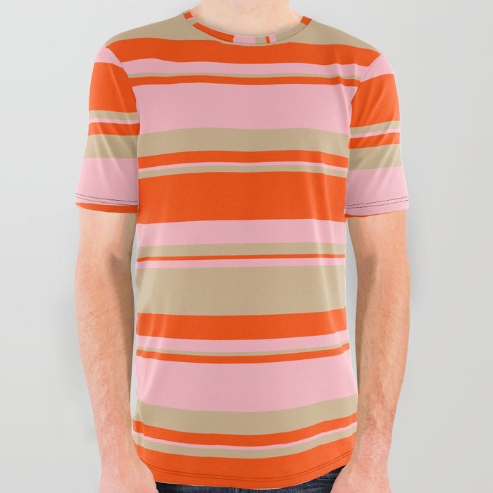 Red, Light Pink, and Tan Colored Lined/Striped Pattern All Over Graphic Tee