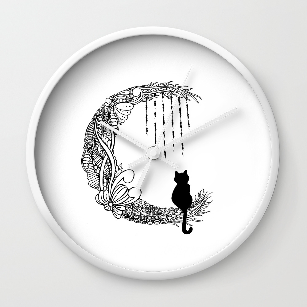 Black Cat Crescent Moon Wall Clock By Kimdeverthibodeaux Society6
