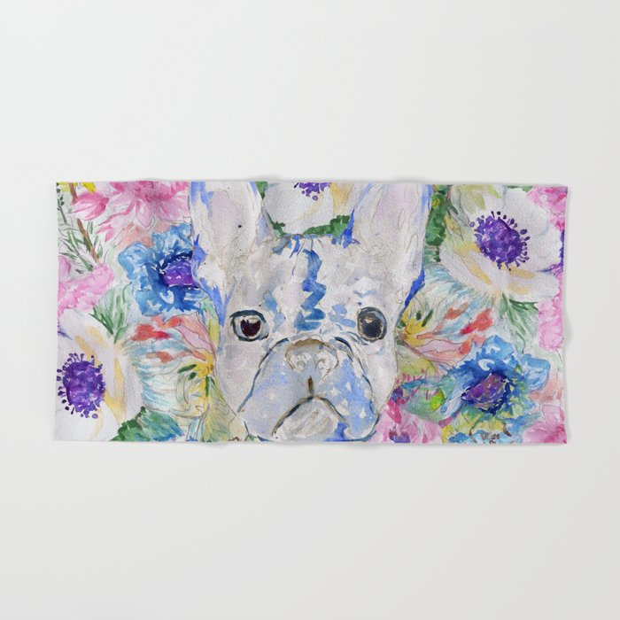 Abstract French Bulldog Floral Watercolor Paint Hand Bath Towel