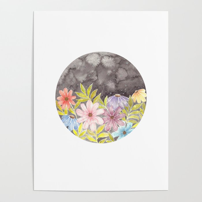 Watercolor Spring Flowers and Starred Sky Poster