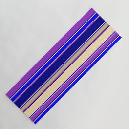 [ Thumbnail: Colorful Dark Orchid, Dark Blue, Beige, Blue & Tan Colored Striped Pattern Yoga Mat ]