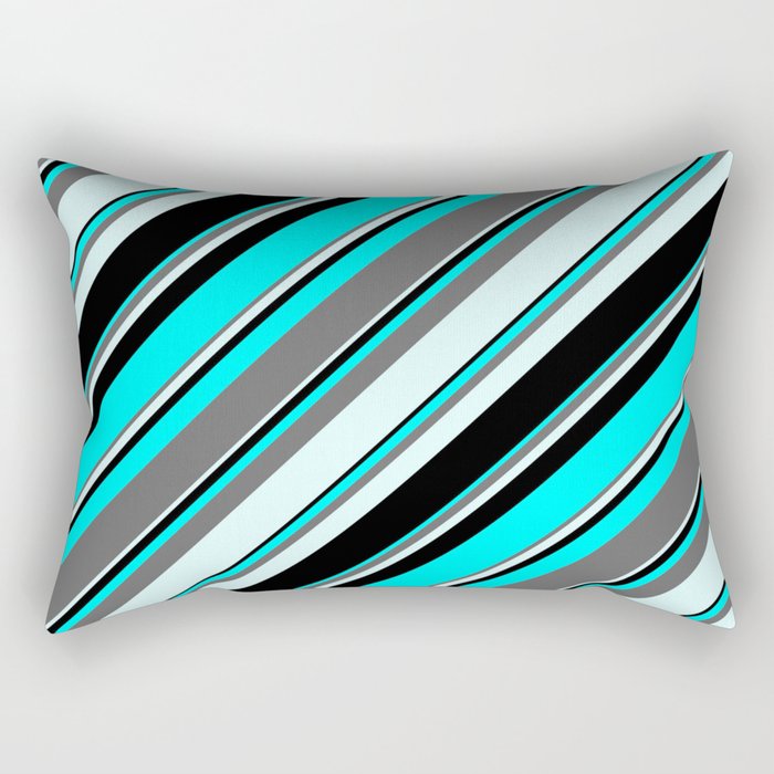 Aqua, Dim Gray, Light Cyan & Black Colored Lines/Stripes Pattern Rectangular Pillow