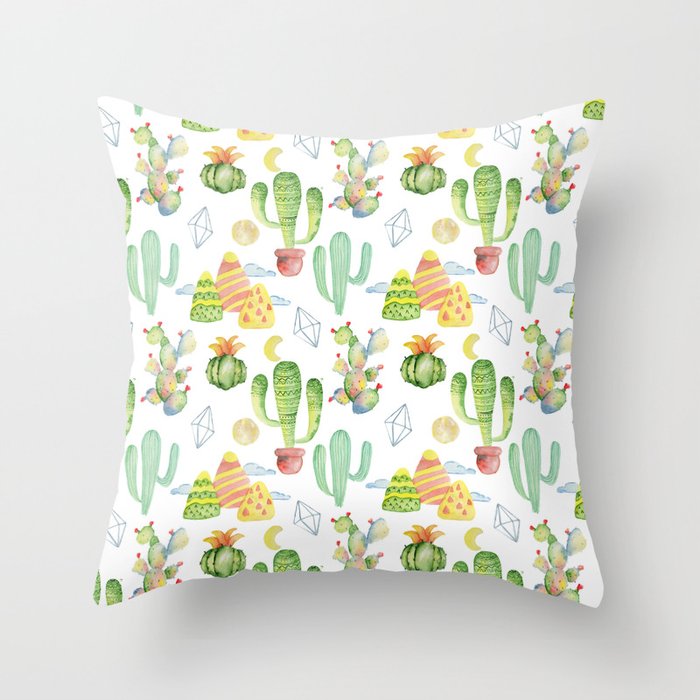 Modern green yellow geometric watercolor cactus pattern Throw Pillow