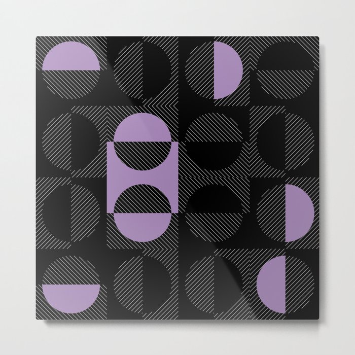 Stripes Circles Squares Mid-Century Checkerboard Black Purple Violet White Metal Print